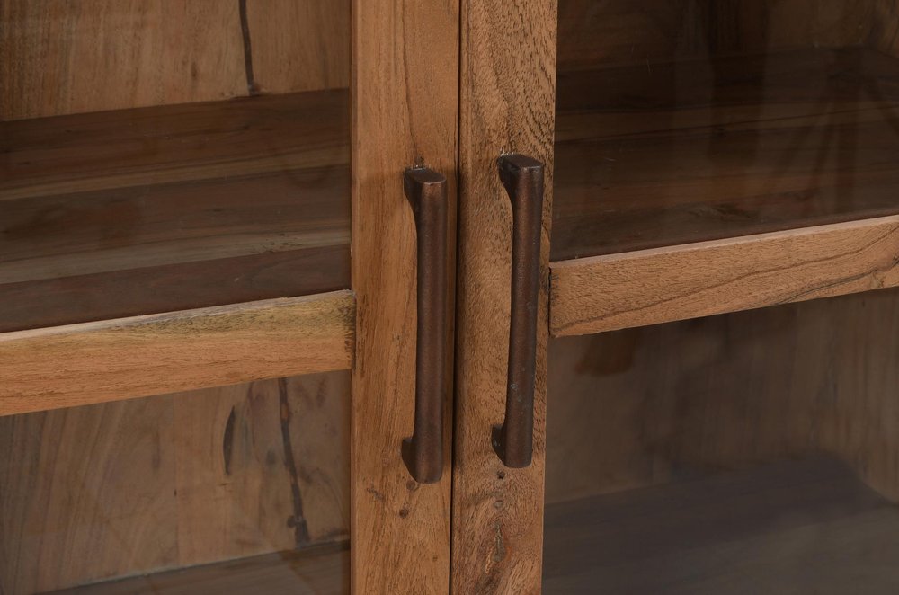 80" Brown Solid Wood Display Stand With Two Doors close-up detail