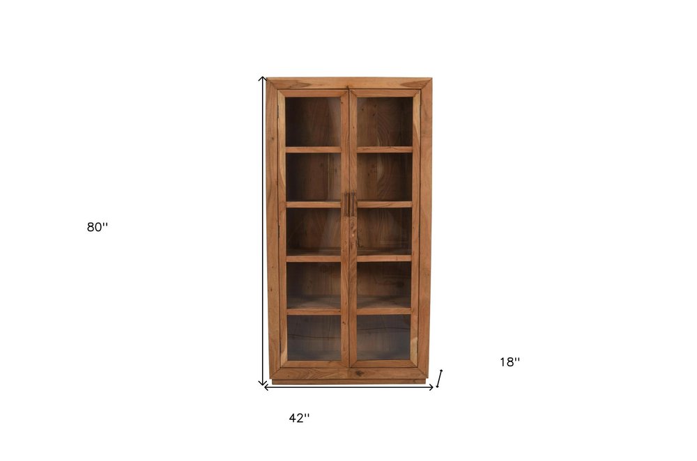80" Brown Solid Wood Display Stand With Two Doors on a white background