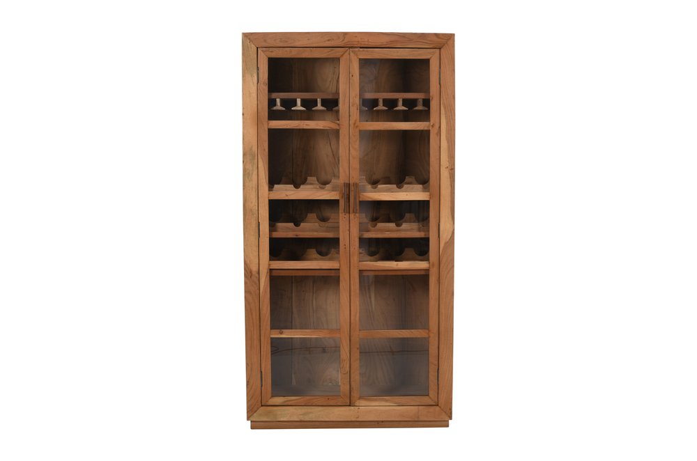 42" Brown Solid Wood And Glass Bar Cabinet With Four Shelves. Cabinet isolated on a plain white background, in a brown wood finish.
