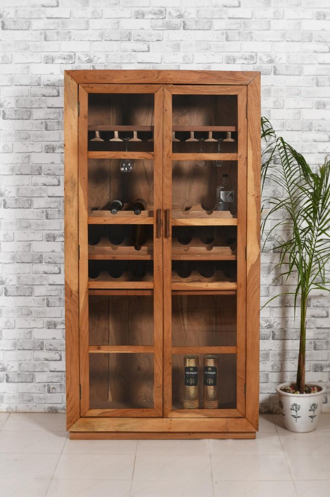 42" Brown Solid Wood And Glass Bar Cabinet With Four Shelves. Cabinet isolated on a plain white background, finished in brown wood.