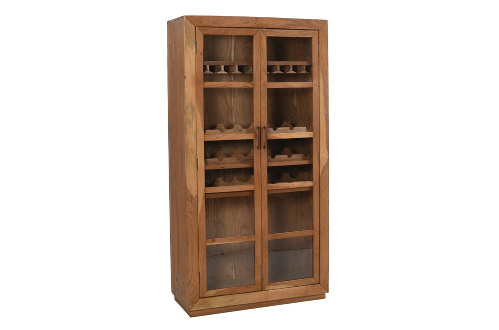 42" Brown Solid Wood And Glass Bar Cabinet With Four Shelves. Cabinet isolated on a plain white background, in a brown wood finish.