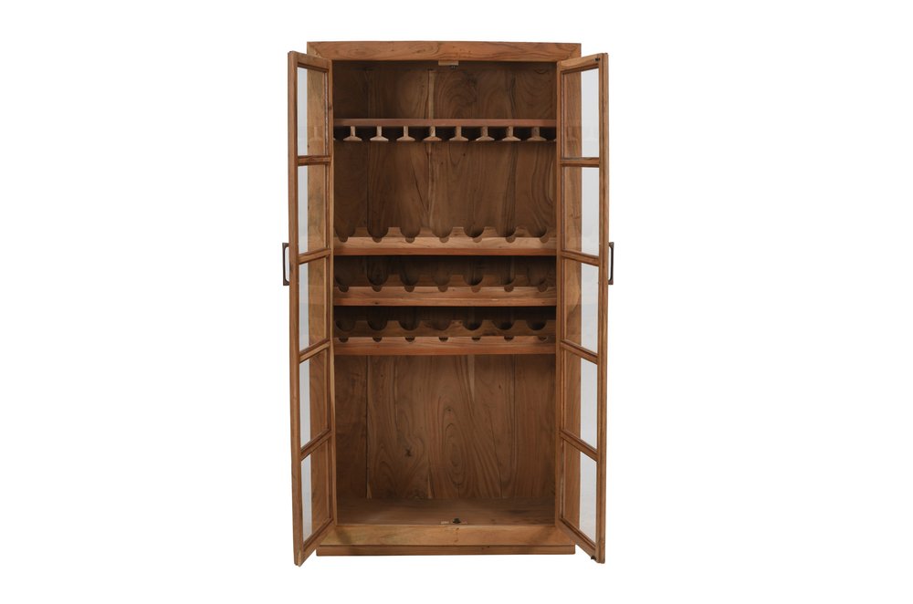 42" Brown Solid Wood And Glass Bar Cabinet With Four Shelves. Cabinet isolated on a plain white background, finished in brown wood.