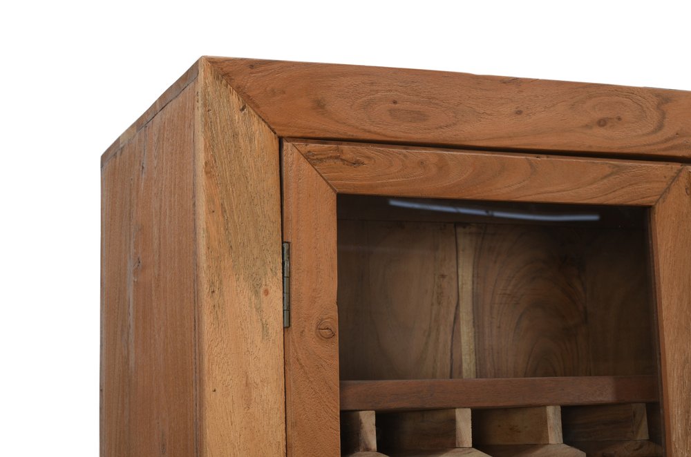 42" Brown Solid Wood And Glass Bar Cabinet With Four Shelves. Cabinet isolated on a plain white background, showing a brown wood surface.