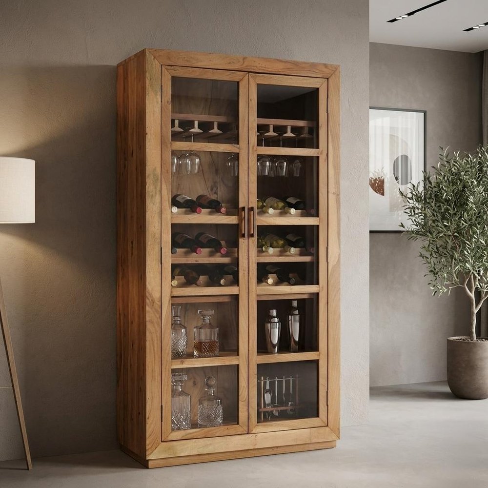 42" Brown Solid Wood And Glass Bar Cabinet With Four Shelves