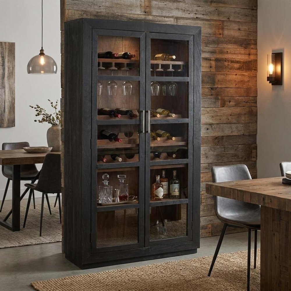 80" Dark Gray Distressed Solid Wood Bar Cabinet With Two Doors in a home interior