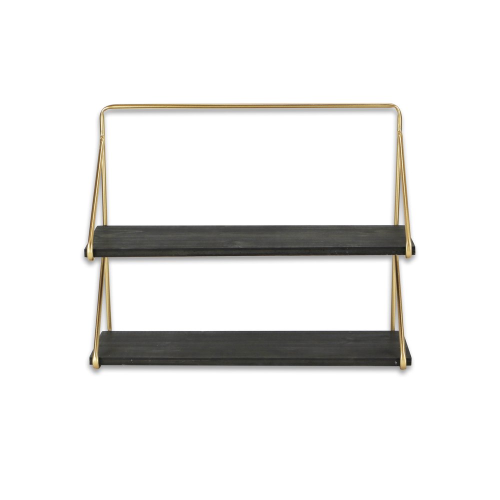 21" Dark Gray And Gold Metal And Wood Wall Mounted Tiered Shelf. Wall mounted shelve isolated on a plain white background, in a charcoal metal finish.
