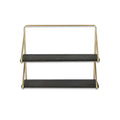 21" Dark Gray And Gold Metal And Wood Wall Mounted Tiered Shelf. Wall mounted shelve isolated on a plain white background, in a charcoal metal finish.