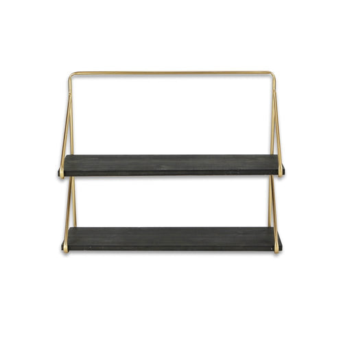21" Dark Gray And Gold Metal And Wood Wall Mounted Tiered Shelf