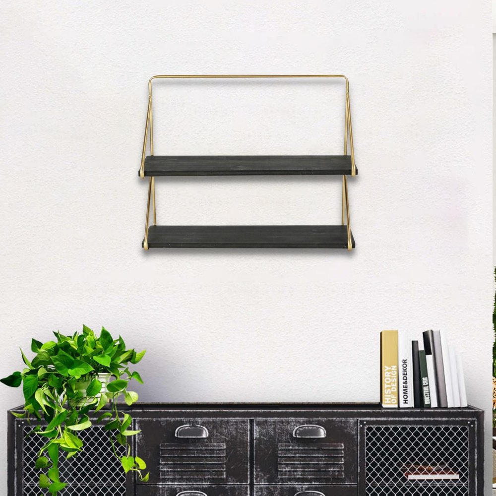 21" Dark Gray And Gold Metal And Wood Wall Mounted Tiered Shelf. Wall mounted shelve isolated on a plain white background, showing a charcoal metal surface.
