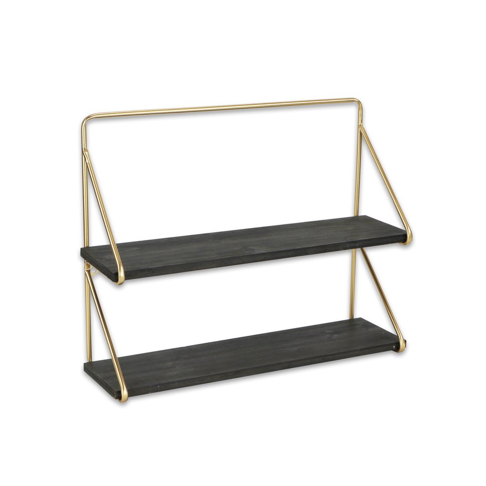 21" Dark Gray And Gold Metal And Wood Wall Mounted Tiered Shelf. Wall mounted shelve isolated on a plain white background, in a charcoal metal finish.