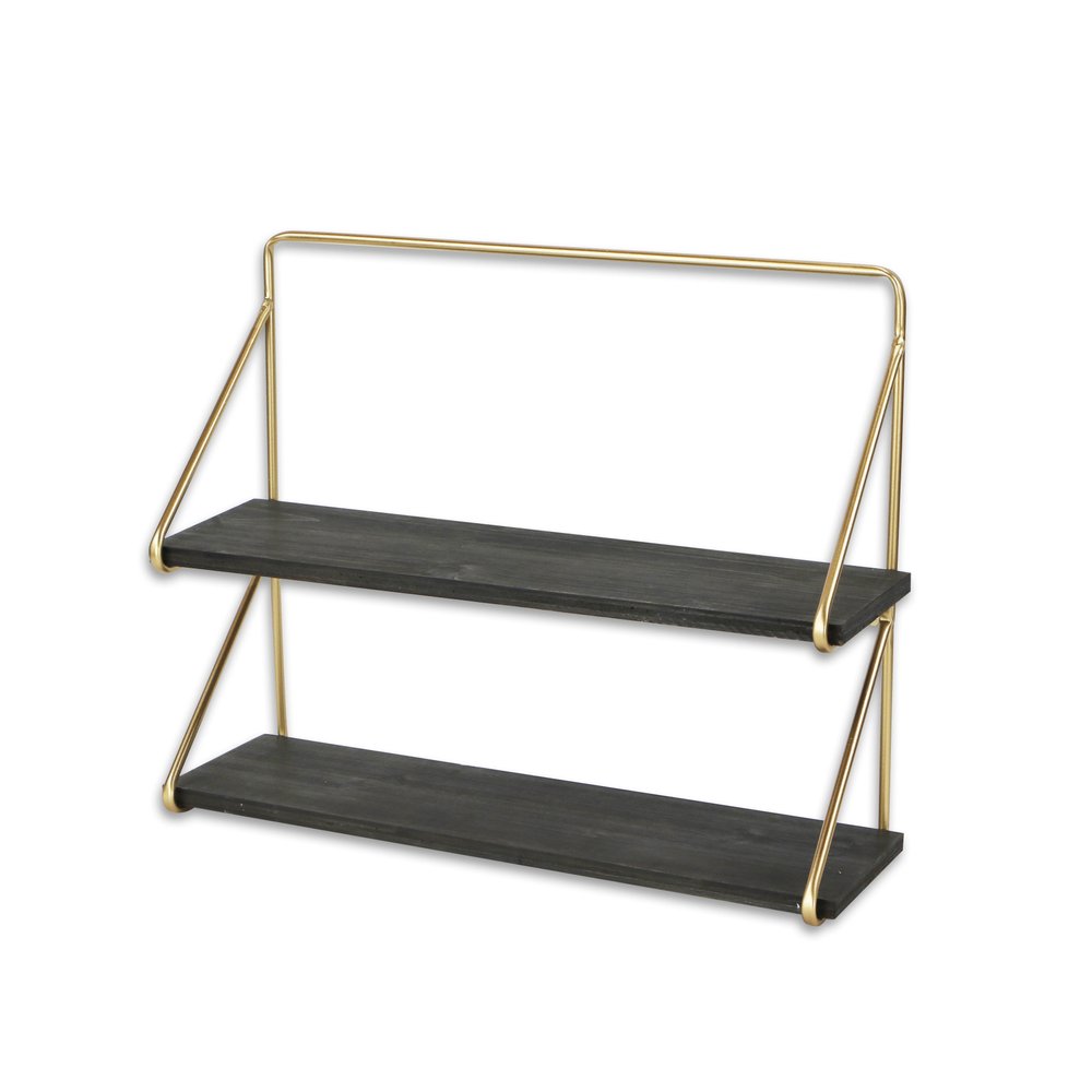 21" Dark Gray And Gold Metal And Wood Wall Mounted Tiered Shelf. Wall mounted shelve isolated on a plain white background, finished in charcoal metal.