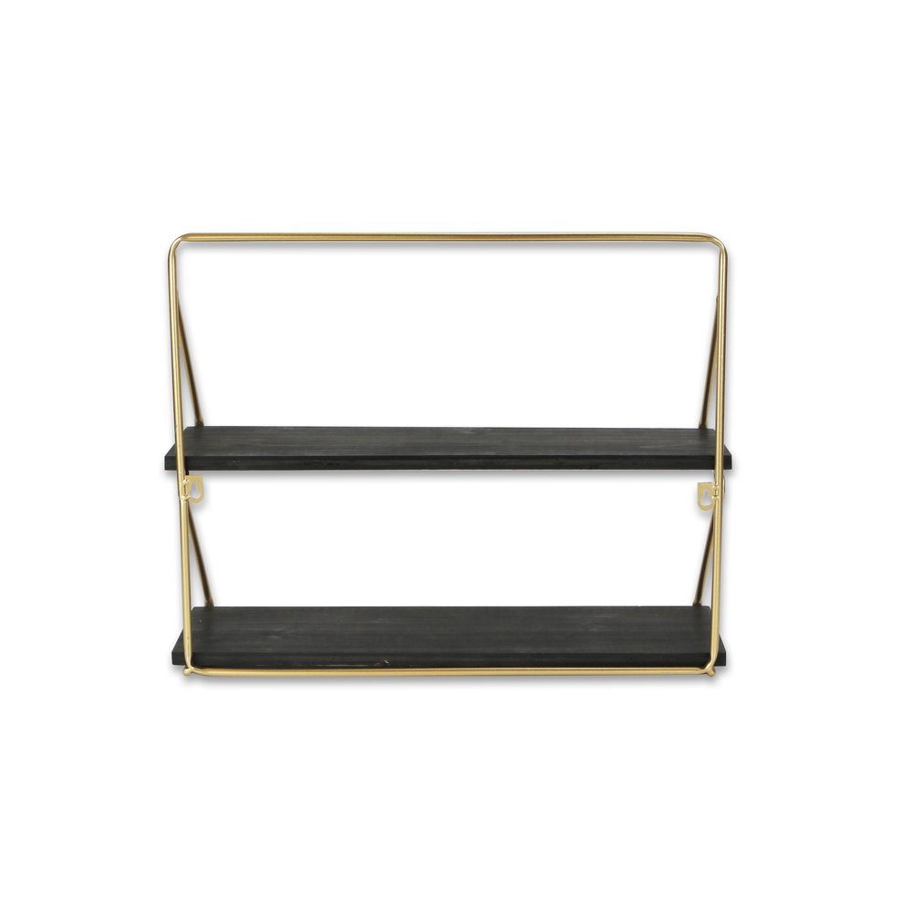 21" Dark Gray And Gold Metal And Wood Wall Mounted Tiered Shelf. Wall mounted shelve isolated on a plain white background, showing a charcoal metal surface.