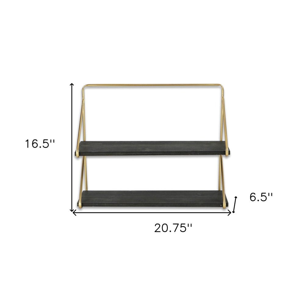 21" Dark Gray And Gold Metal And Wood Wall Mounted Tiered Shelf