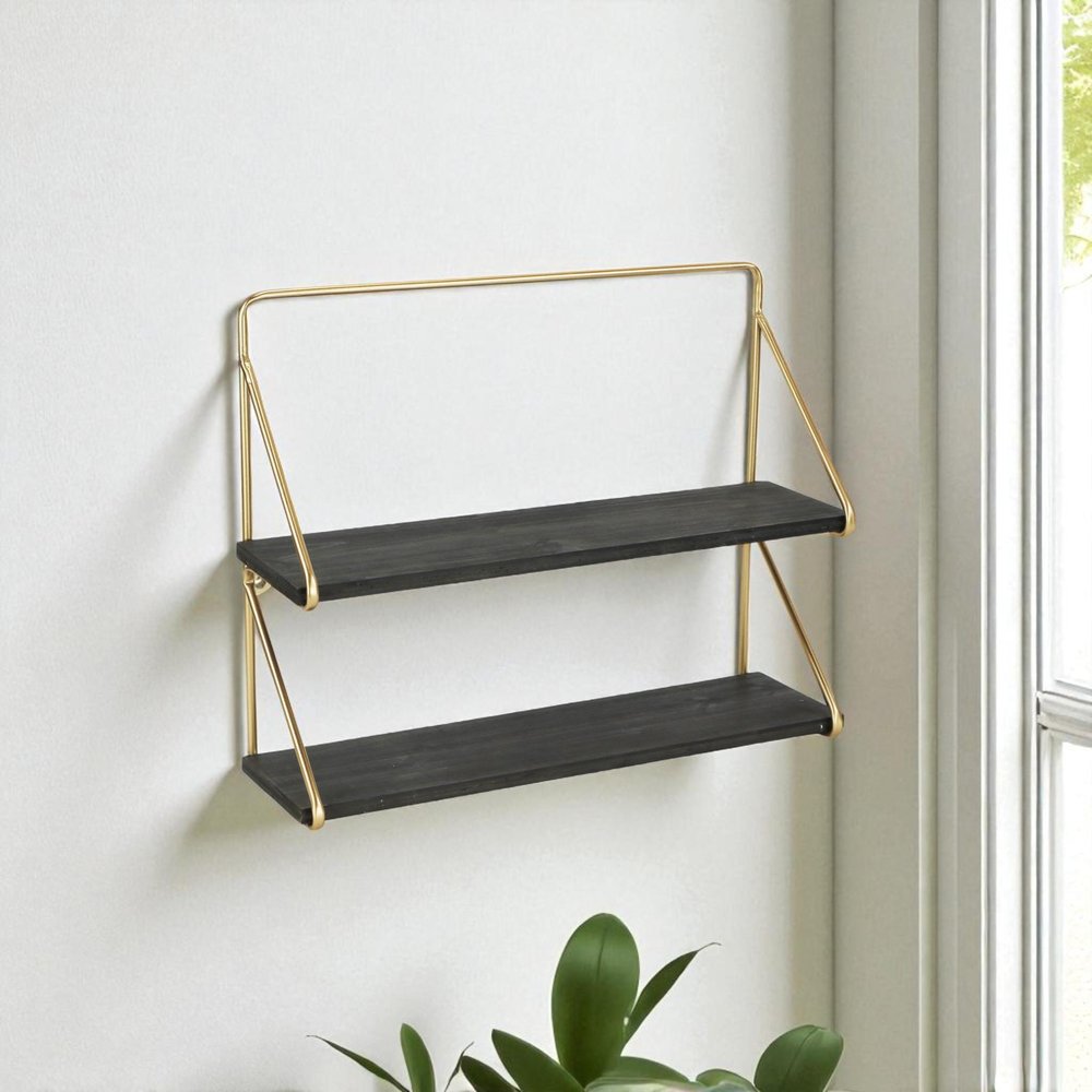 21" Dark Gray And Gold Metal And Wood Wall Mounted Tiered Shelf. Wall mounted shelve isolated on a plain white background, showing a gold metal surface.