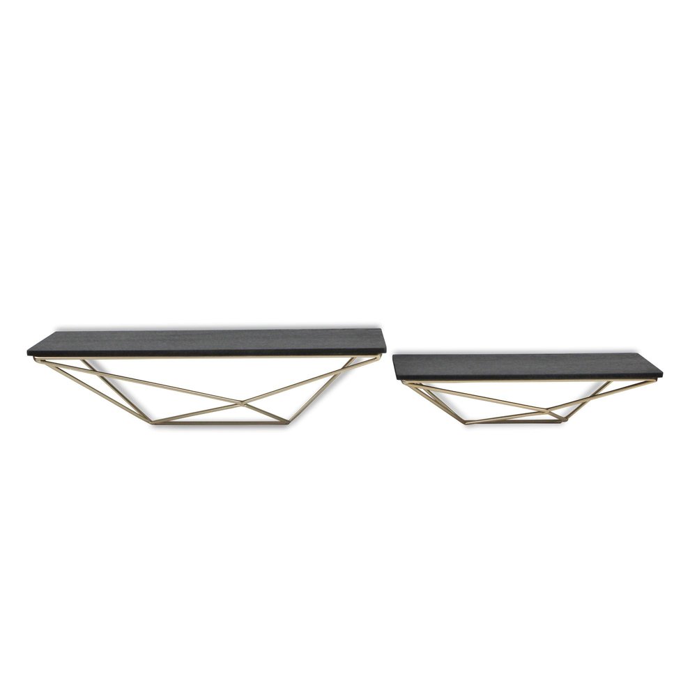 Set Of Two Black And Gold Wood And Metal Modern Wall Mounted Accent Shelves on a white background