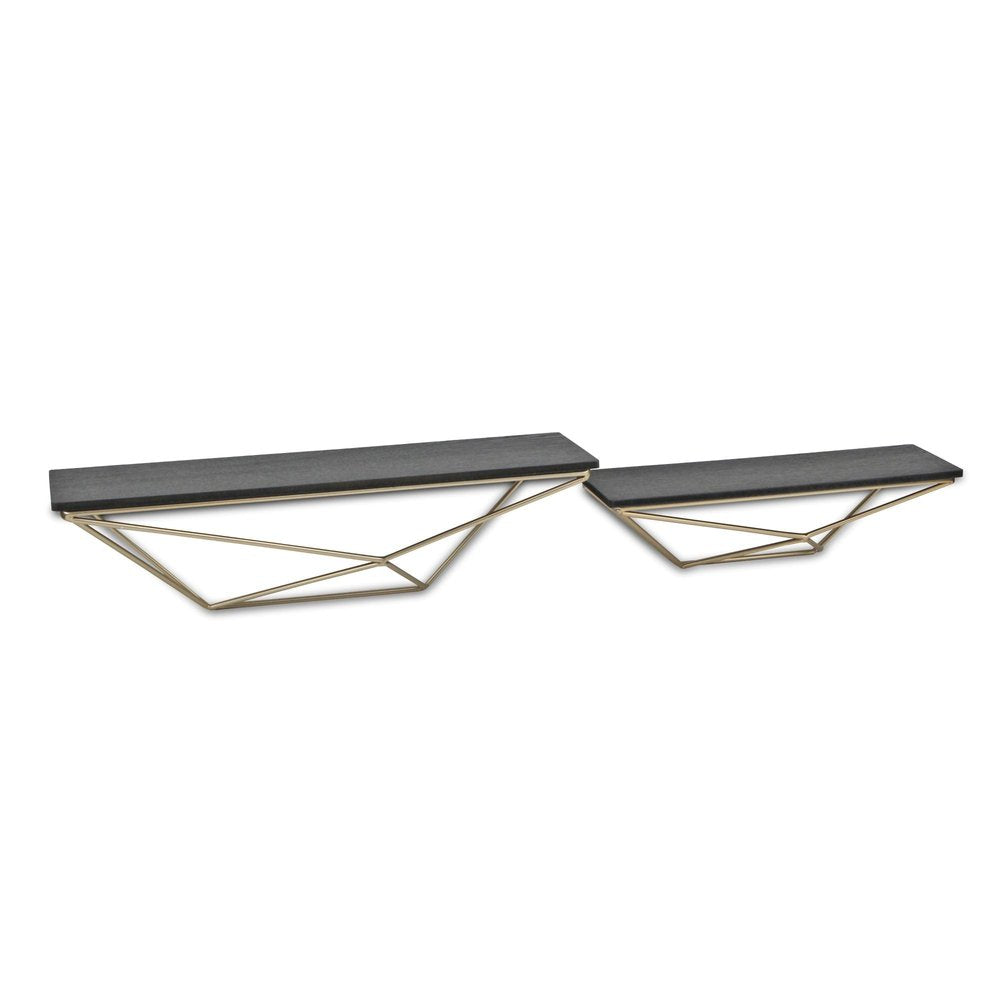Set Of Two Black And Gold Wood And Metal Modern Wall Mounted Accent Shelves on a white background