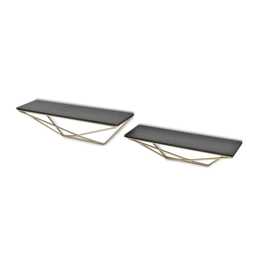 Set Of Two Black And Gold Wood And Metal Modern Wall Mounted Accent Shelves on a white background
