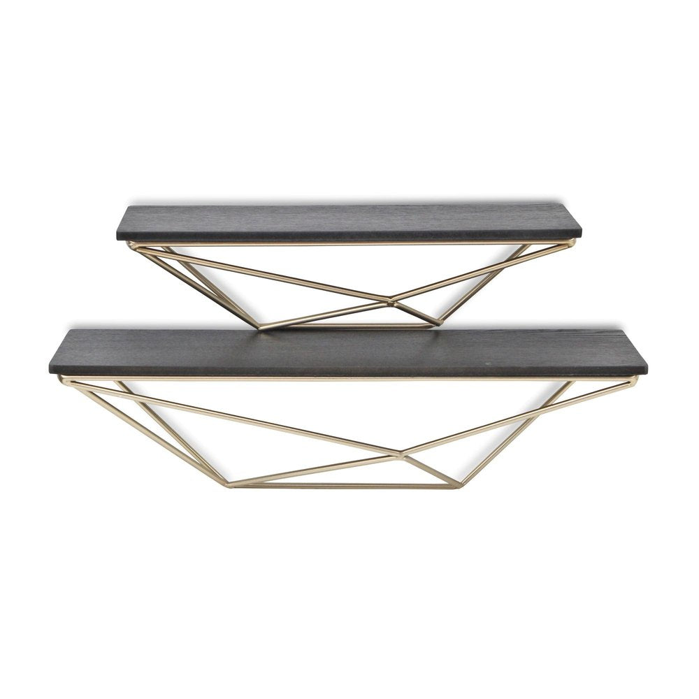 Set Of Two Black And Gold Wood And Metal Modern Wall Mounted Accent Shelves on a white background