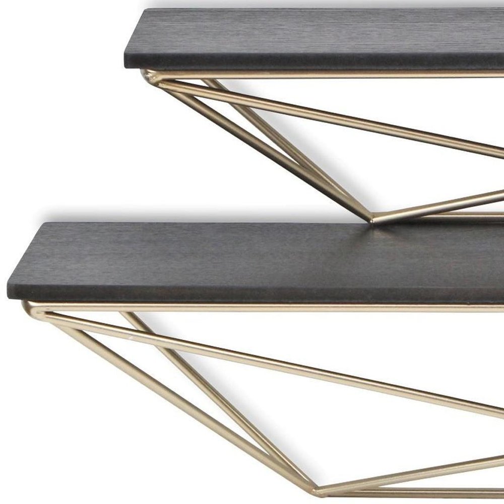 Set Of Two Black And Gold Wood And Metal Modern Wall Mounted Accent Shelves on a white background