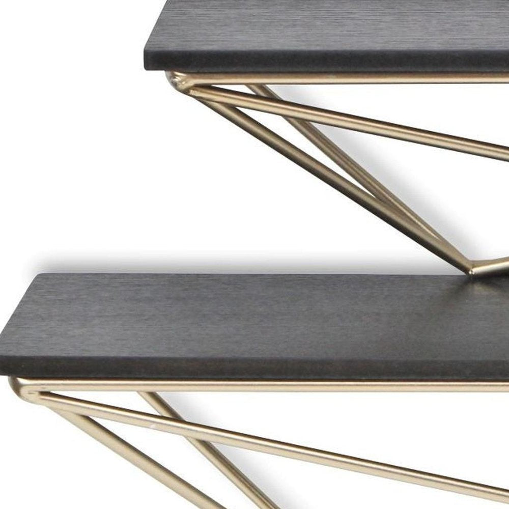 Set Of Two Black And Gold Wood And Metal Modern Wall Mounted Accent Shelves on a white background