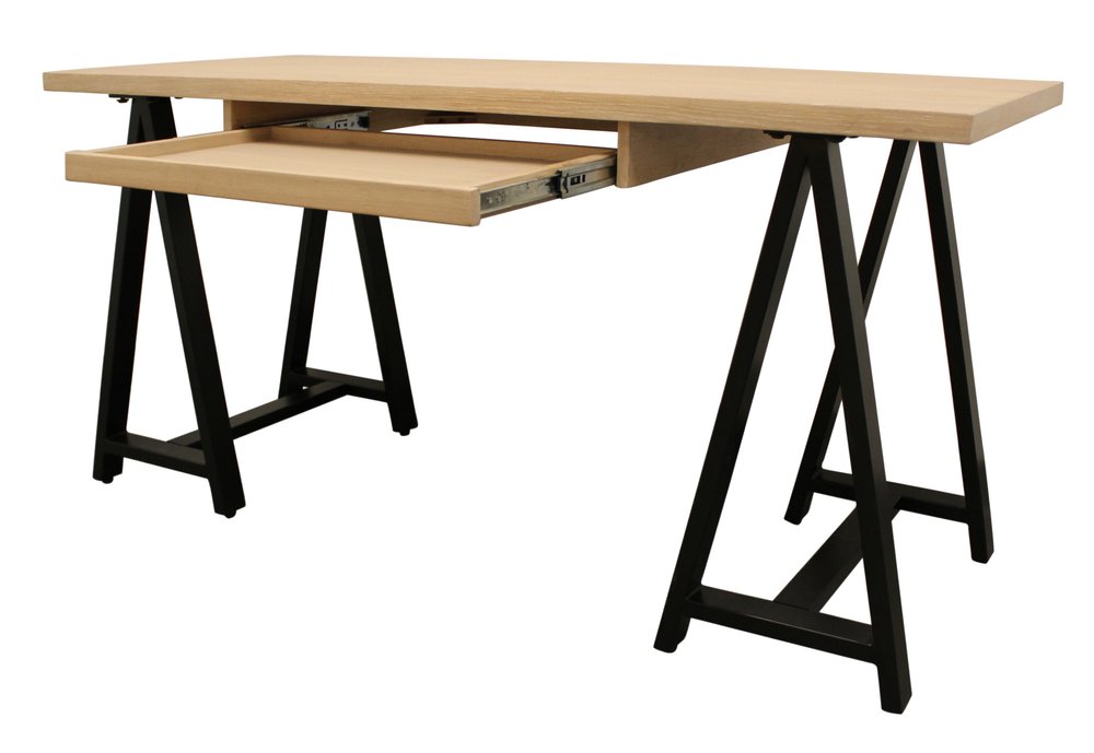 60" Ivory and Black Solid Wood Executive Desk. Desk isolated on a plain white background, showing a ivory wood surface.