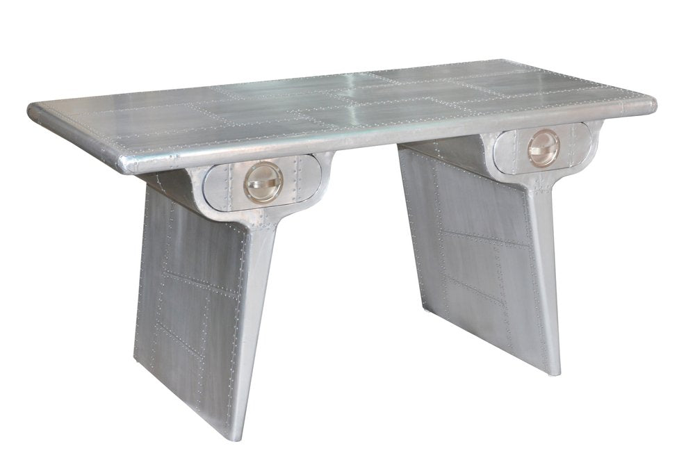 60" Silver Aluminum Writing Desk With Two Drawers. Desk isolated on a plain white background, in a silver metal finish.