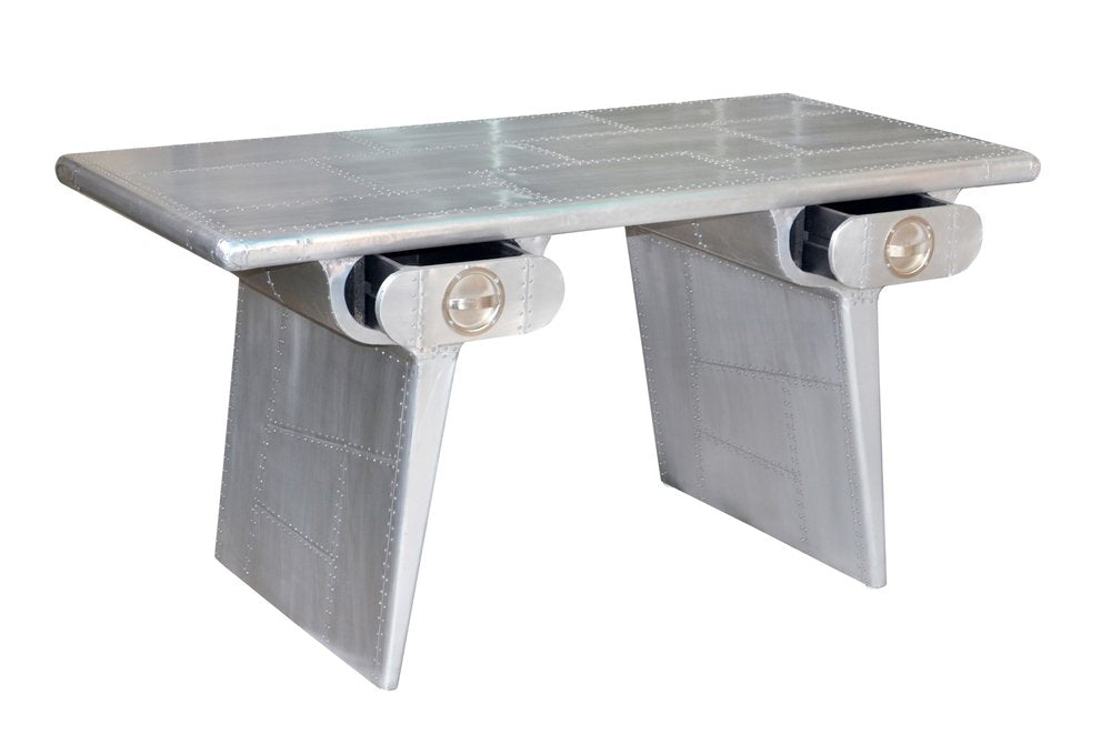 60" Silver Aluminum Writing Desk With Two Drawers. Desk isolated on a plain white background, showing a silver metal surface.