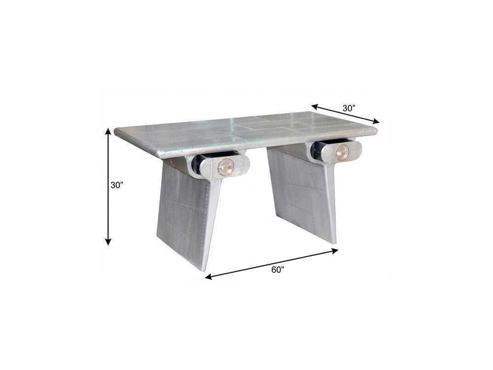 60" Silver Aluminum Writing Desk With Two Drawers. Desk isolated on a plain white background, in a silver metal finish.