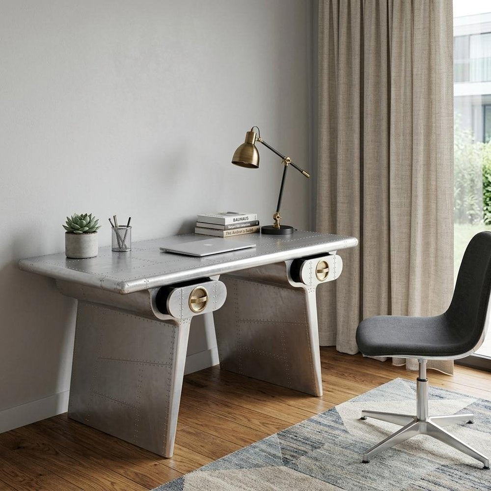 60" Silver Aluminum Writing Desk With Two Drawers
