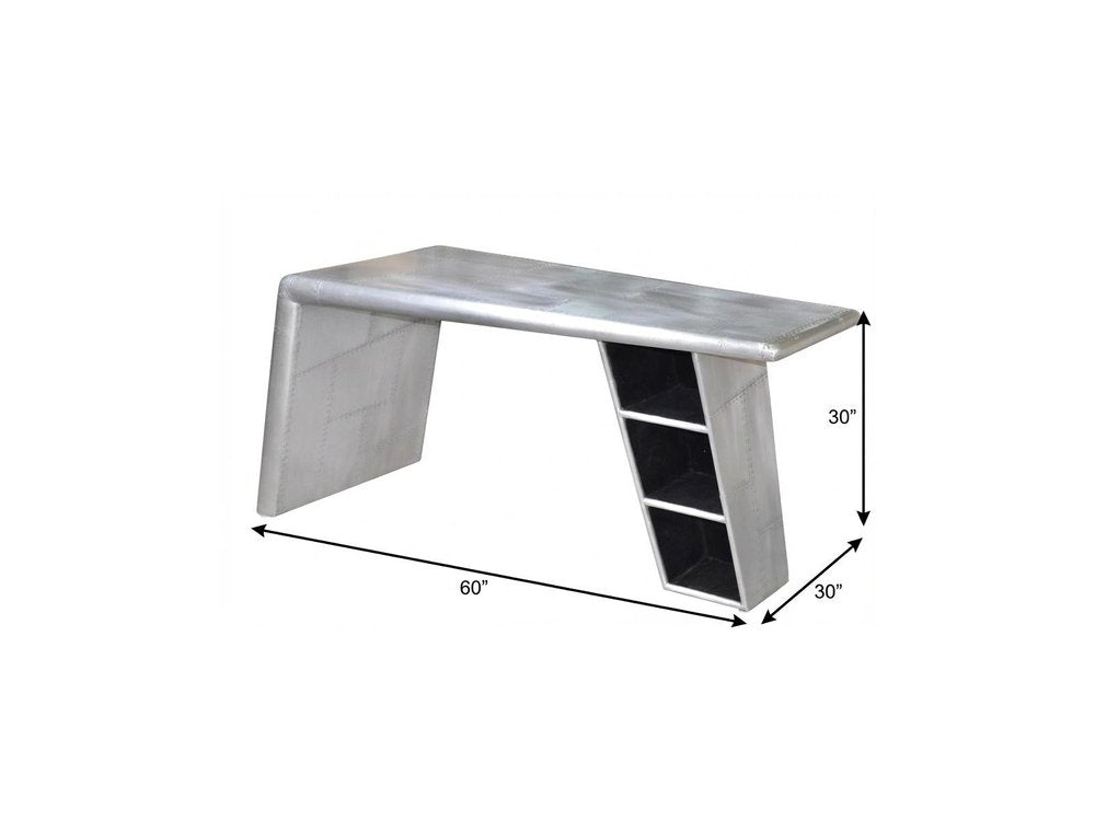 60" Silver Aluminum Writing Desk. Desk isolated on a plain white background, finished in silver metal.