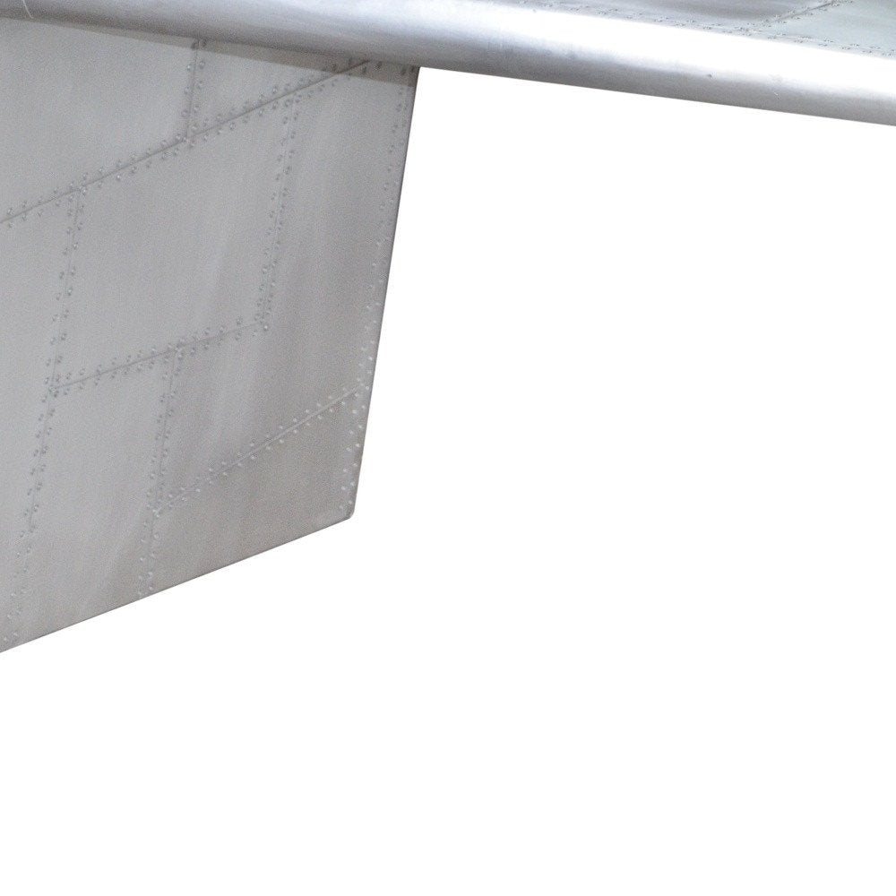 60" Silver Aluminum Writing Desk. Desk isolated on a plain white background, finished in silver metal.