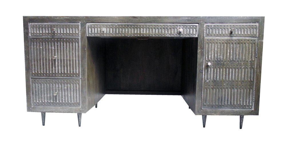 A brown and silver solid wood executive desk with five drawers and a metal-like finish, shown against a white background.