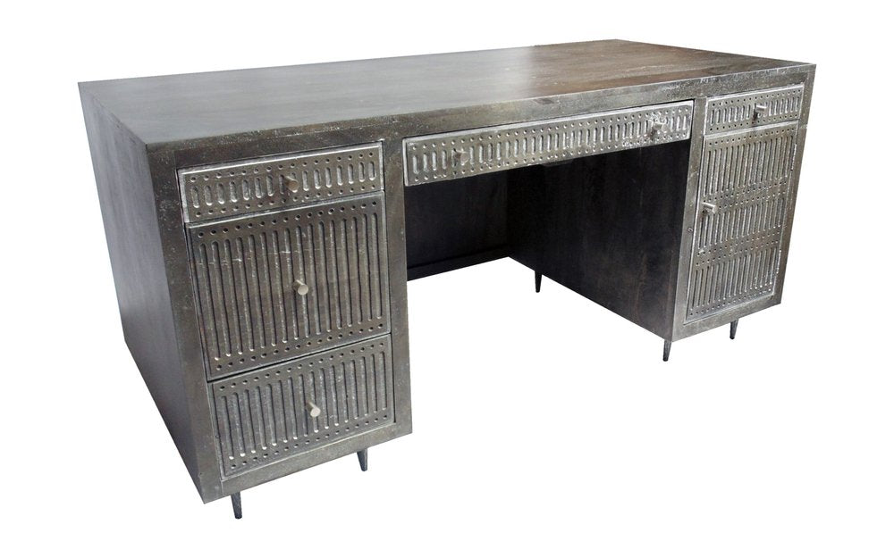 64" Brown and Silver Solid Wood Executive Desk With Five Drawers. Desk isolated on a plain white background, in a silver wood finish.