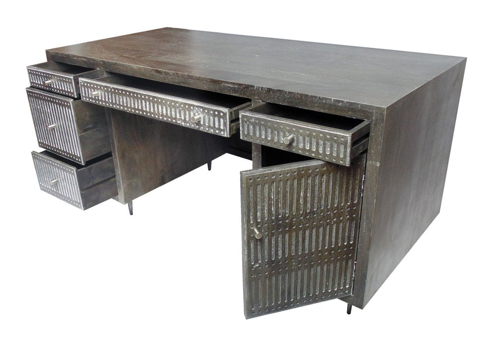 64" Brown and Silver Solid Wood Executive Desk With Five Drawers. Desk isolated on a plain white background, finished in silver wood.