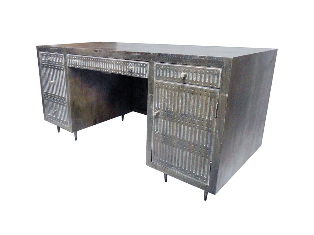64" Brown and Silver Solid Wood Executive Desk With Five Drawers. Desk isolated on a plain white background, in a silver wood finish.