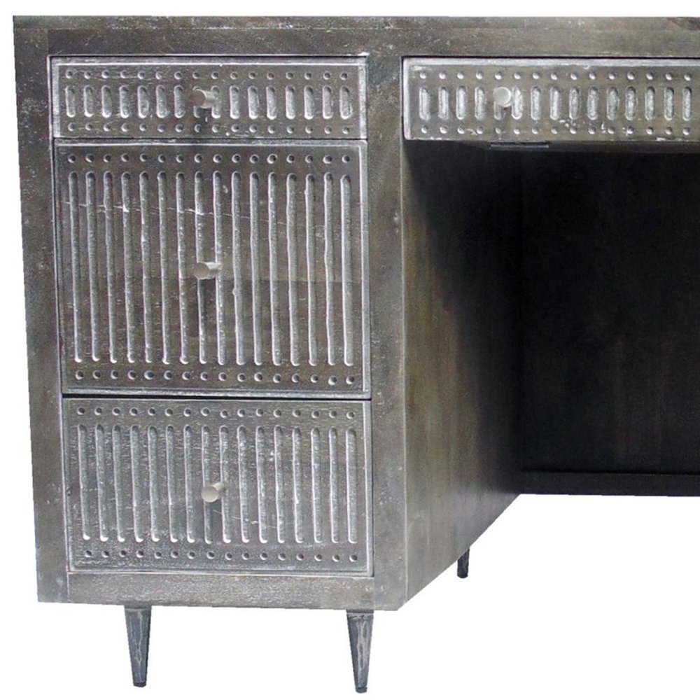 64" Brown and Silver Solid Wood Executive Desk With Five Drawers. Desk isolated on a plain white background, in a silver wood finish.