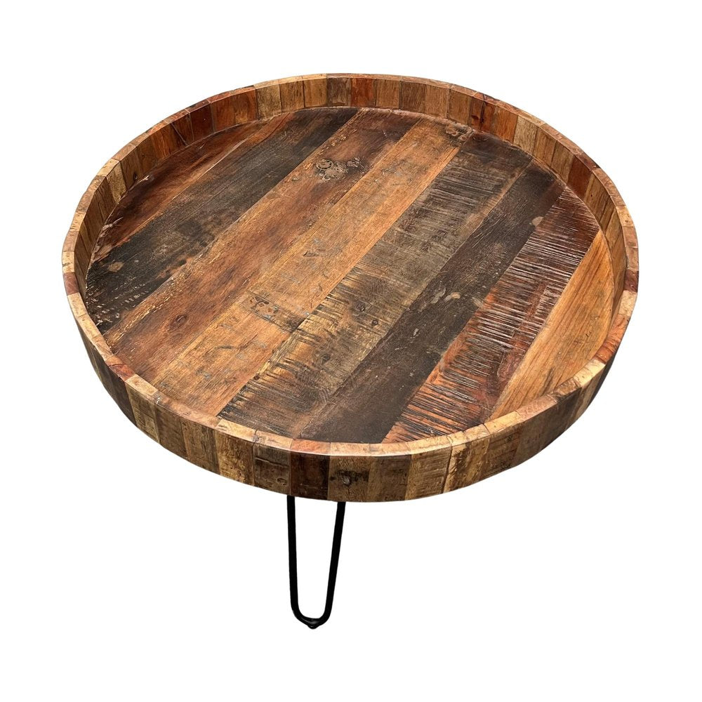 Set Of Two Black And Natural Brown Solid Wood And Iron Round End Tables on a white background