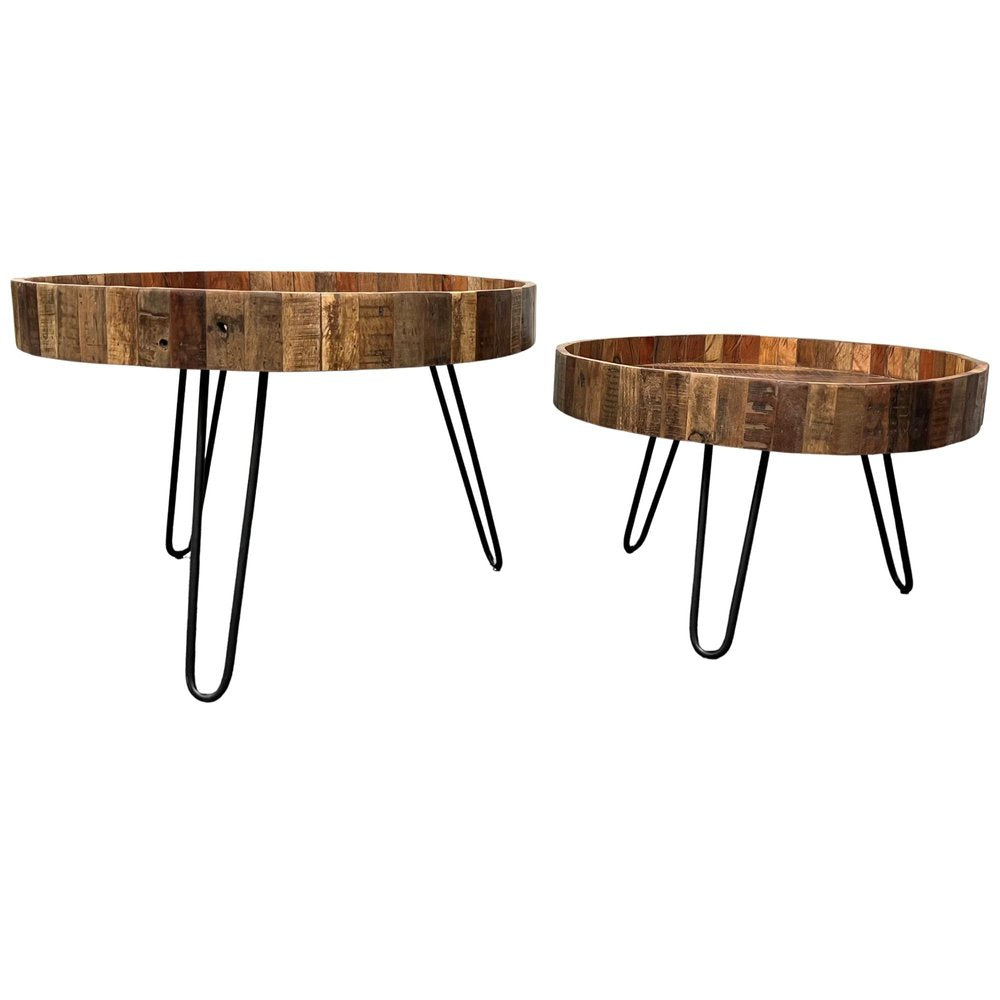 Set Of Two Black And Natural Brown Solid Wood And Iron Round End Tables on a white background