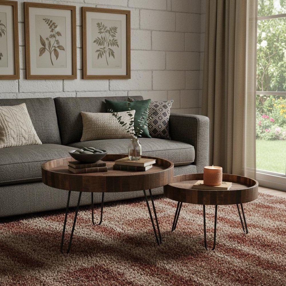 Set Of Two Black And Natural Brown Solid Wood And Iron Round End Tables in a home interior
