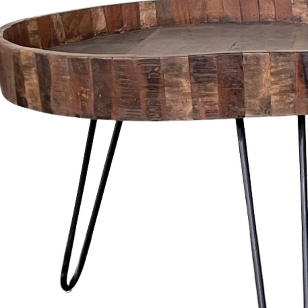 Set Of Two Black And Natural Brown Solid Wood And Iron Round End Tables on a white background