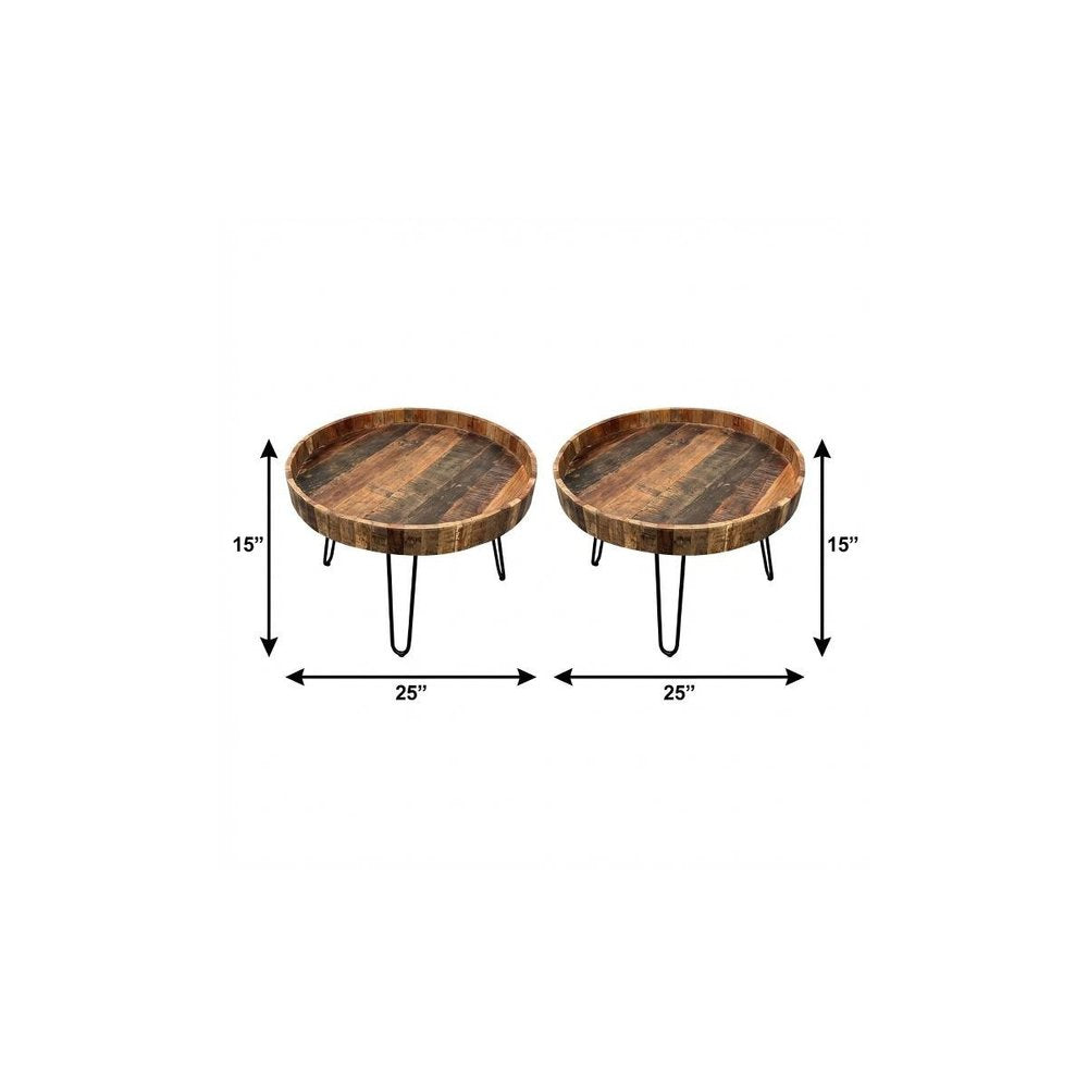 Set Of Two Black And Natural Brown Solid Wood And Iron Round End Tables on a white background