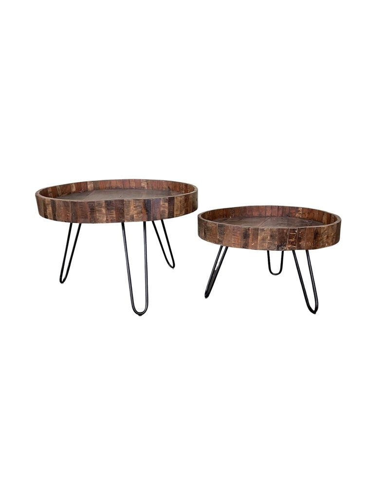 Set Of Two Black And Natural Brown Solid Wood And Iron Round End Tables on a white background