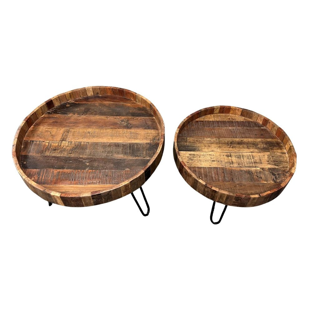 Set Of Two Black And Natural Brown Solid Wood And Iron Round End Tables on a white background