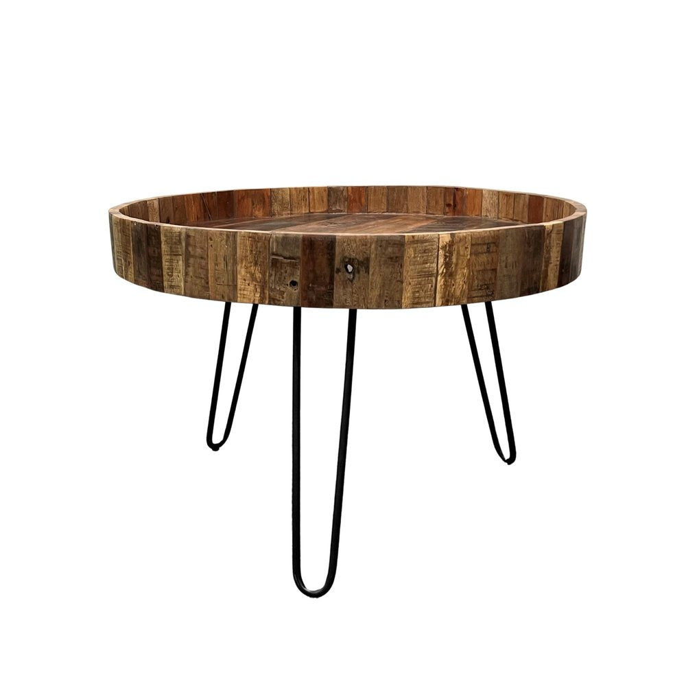 Set Of Two Black And Natural Brown Solid Wood And Iron Round End Tables on a white background