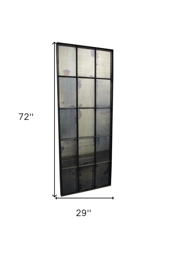 72" Black Metal Framed Full Length Antiqued Glass Hanging Mirror on a white background
