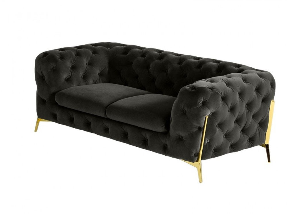 74" Dark Gray And Gold Velour Chesterfield Loveseat on a white background