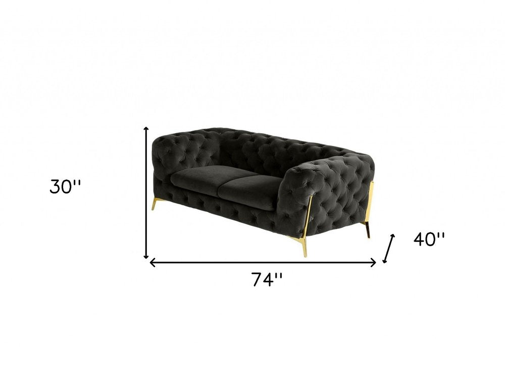 74" Dark Gray And Gold Velour Chesterfield Loveseat on a white background