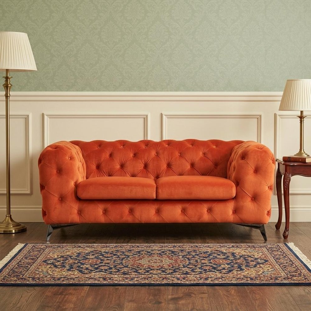 74" Orange And Silver Velvet Chesterfield Loveseat