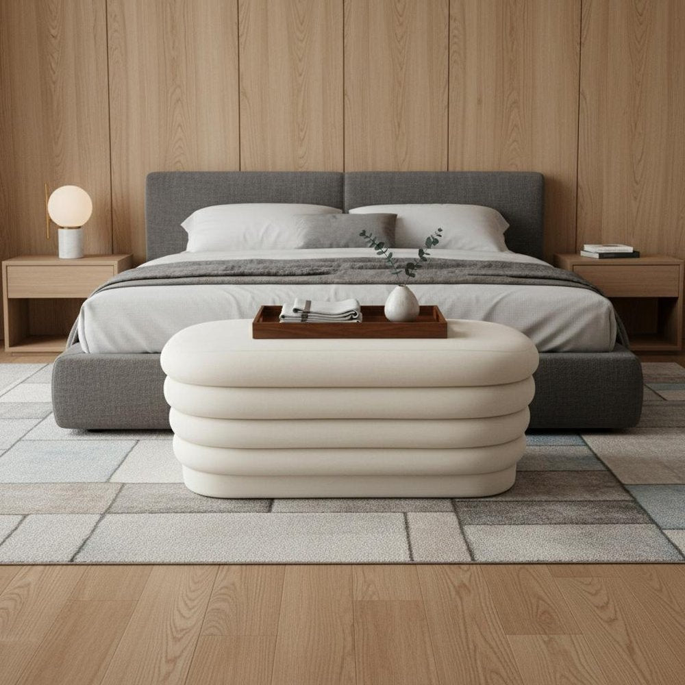 44" White Velvet Tufted Oval Ottoman.