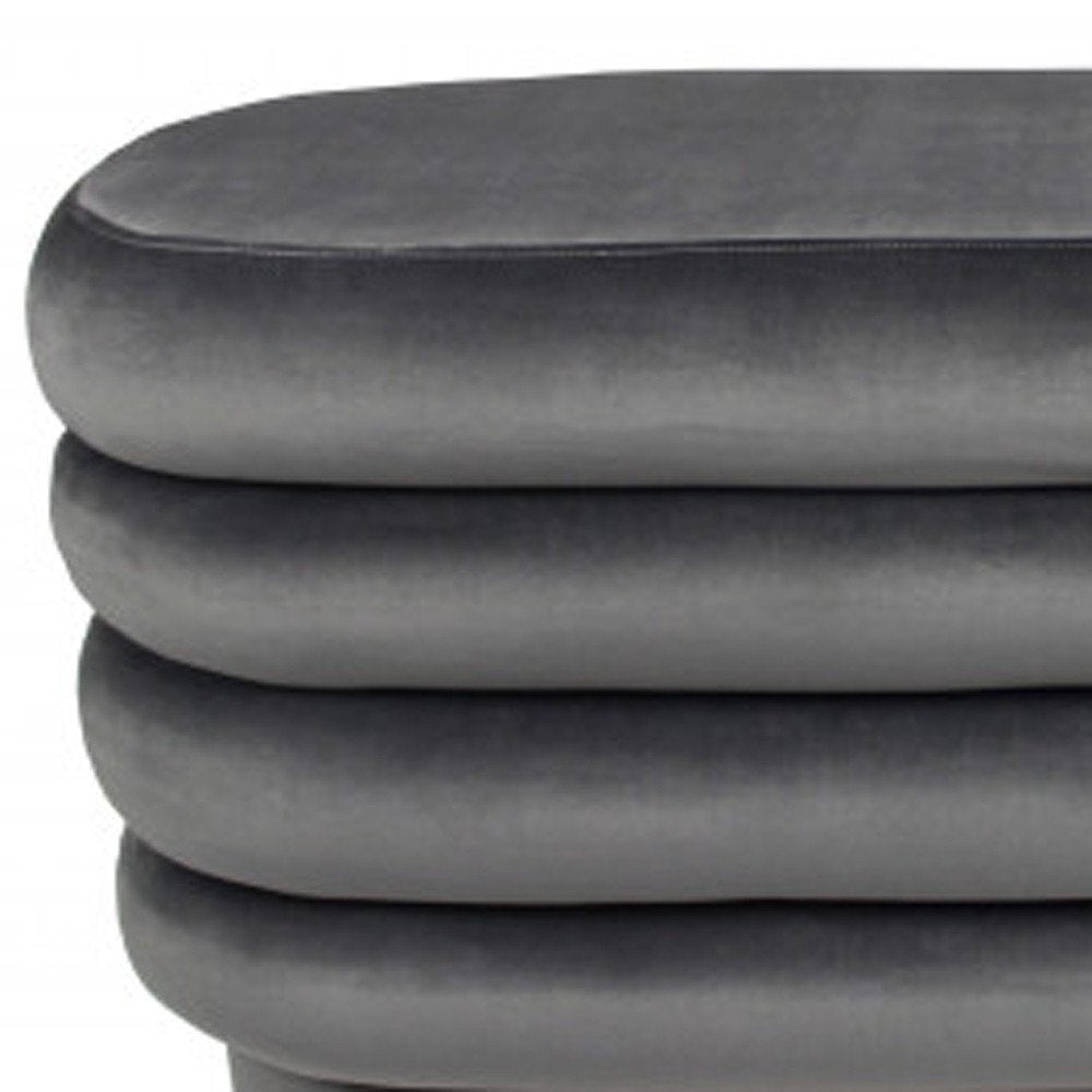 44" Gray Velvet Tufted Oval Ottoman detail shot of the gray velvet finish.